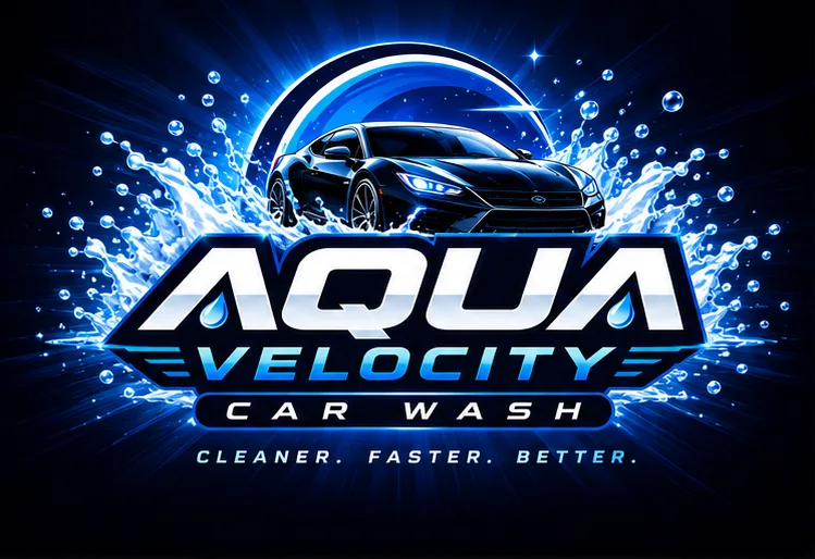 The Aqua Velocity Car Wash logo: a sports car under an arc of water, foam and bubbles.